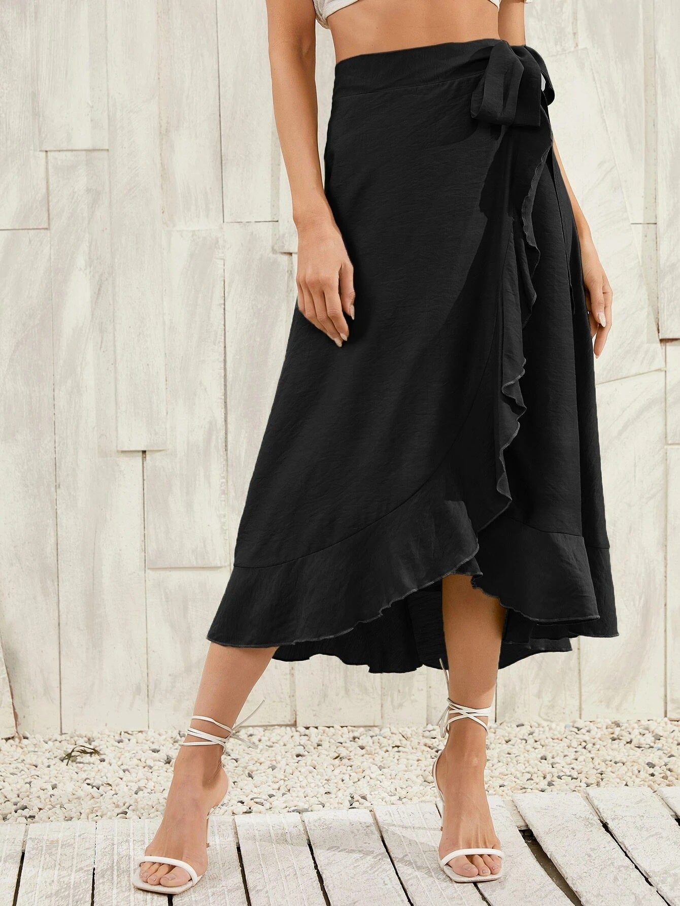 Asymmetrical Tie-Waist Ruffle Black Long Skirt