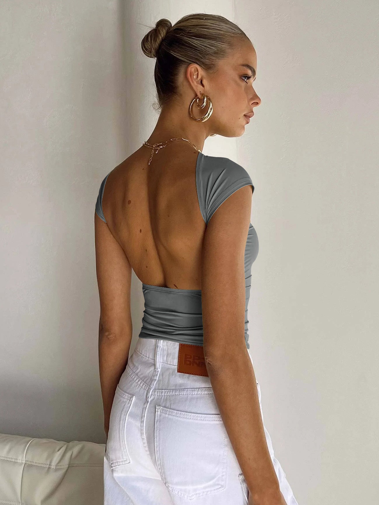 Dark Grey Sexy Openback Fitted Breathable Crop Top