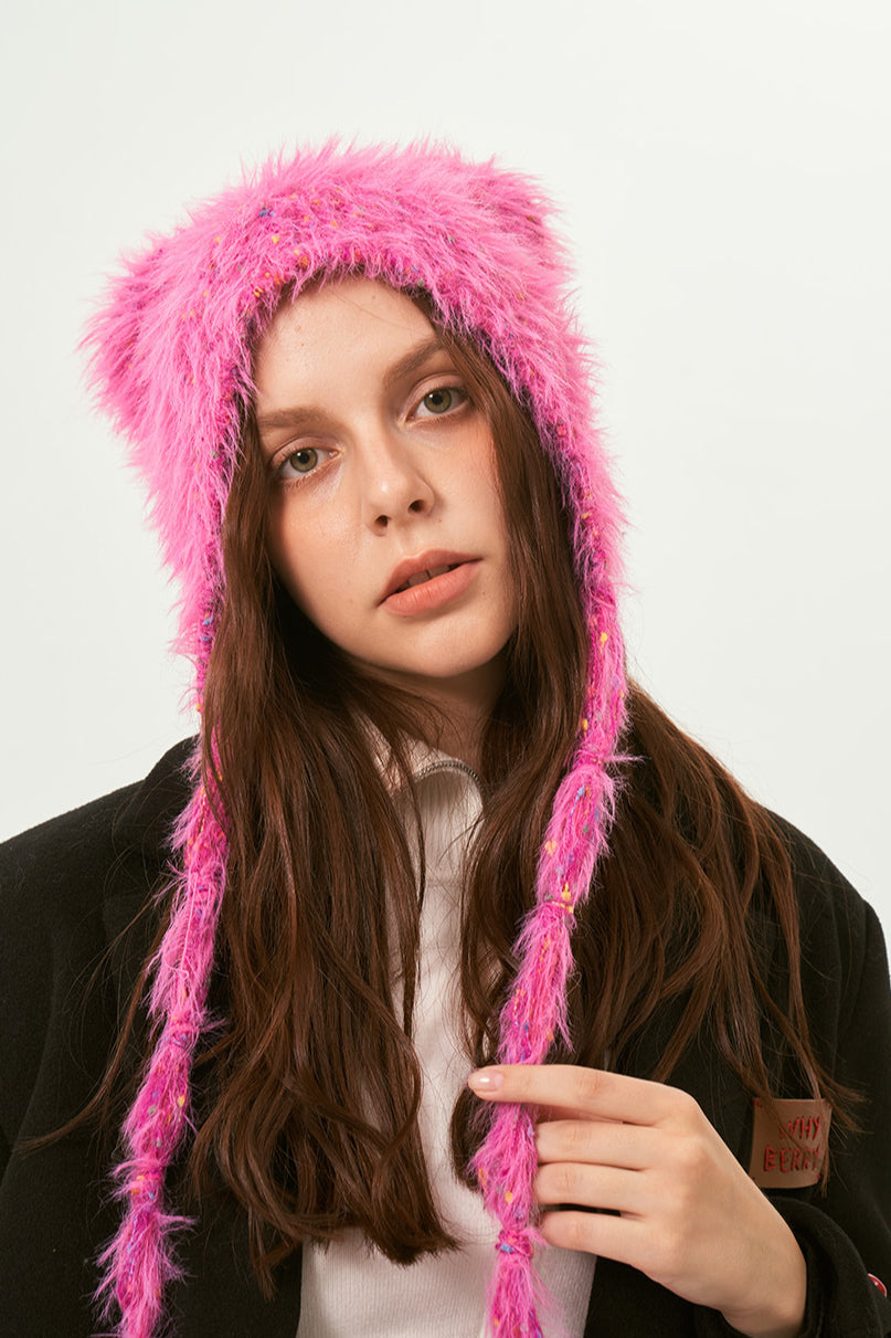 Pink Warm Fuzzy Winter Beanie Hat for Women