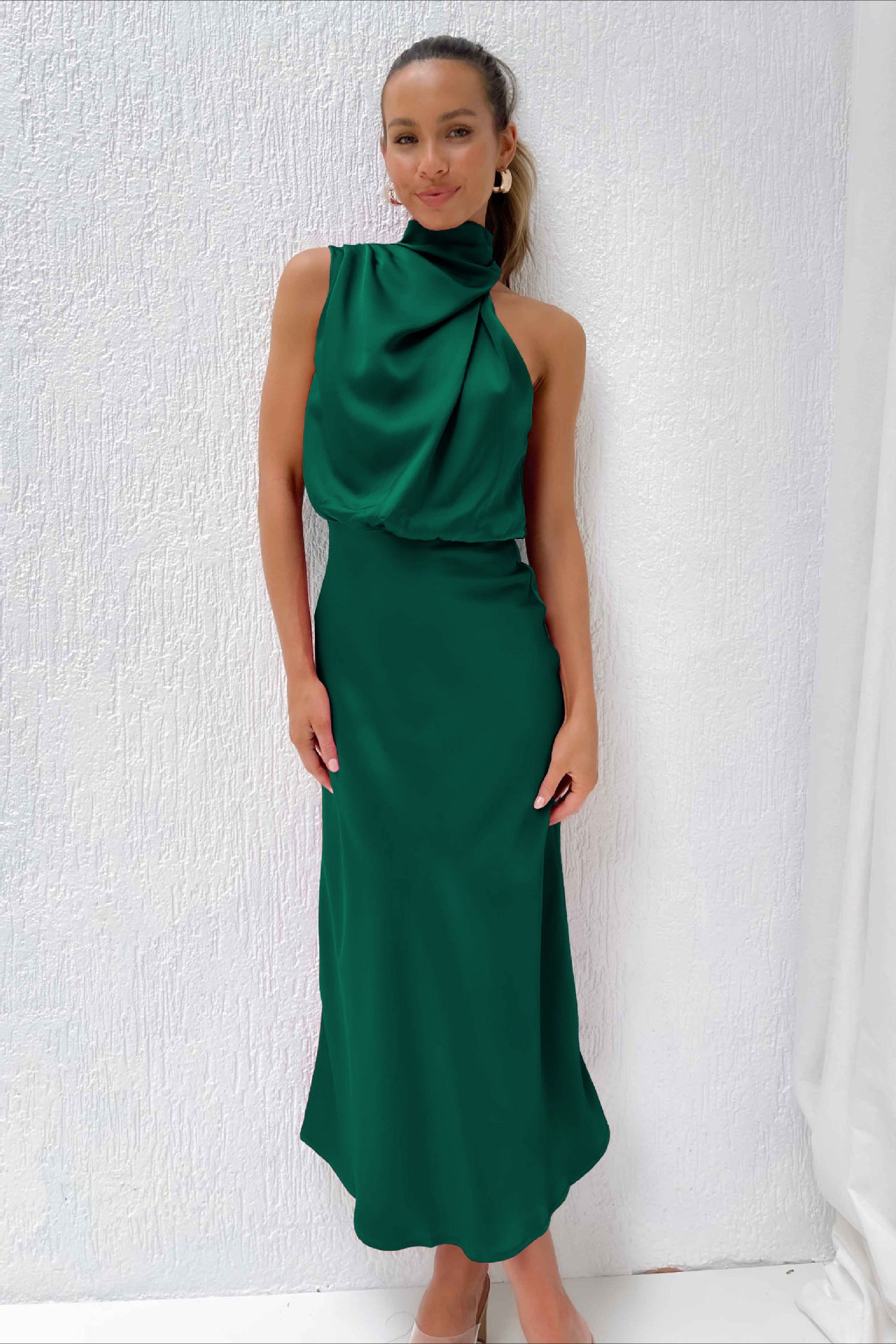 Elegant Deep Green Halter Neck Dress