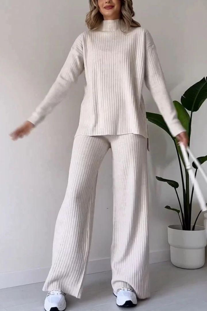 2 Piece Casual Long Sleeve Ribbed Knitted Lounge Set