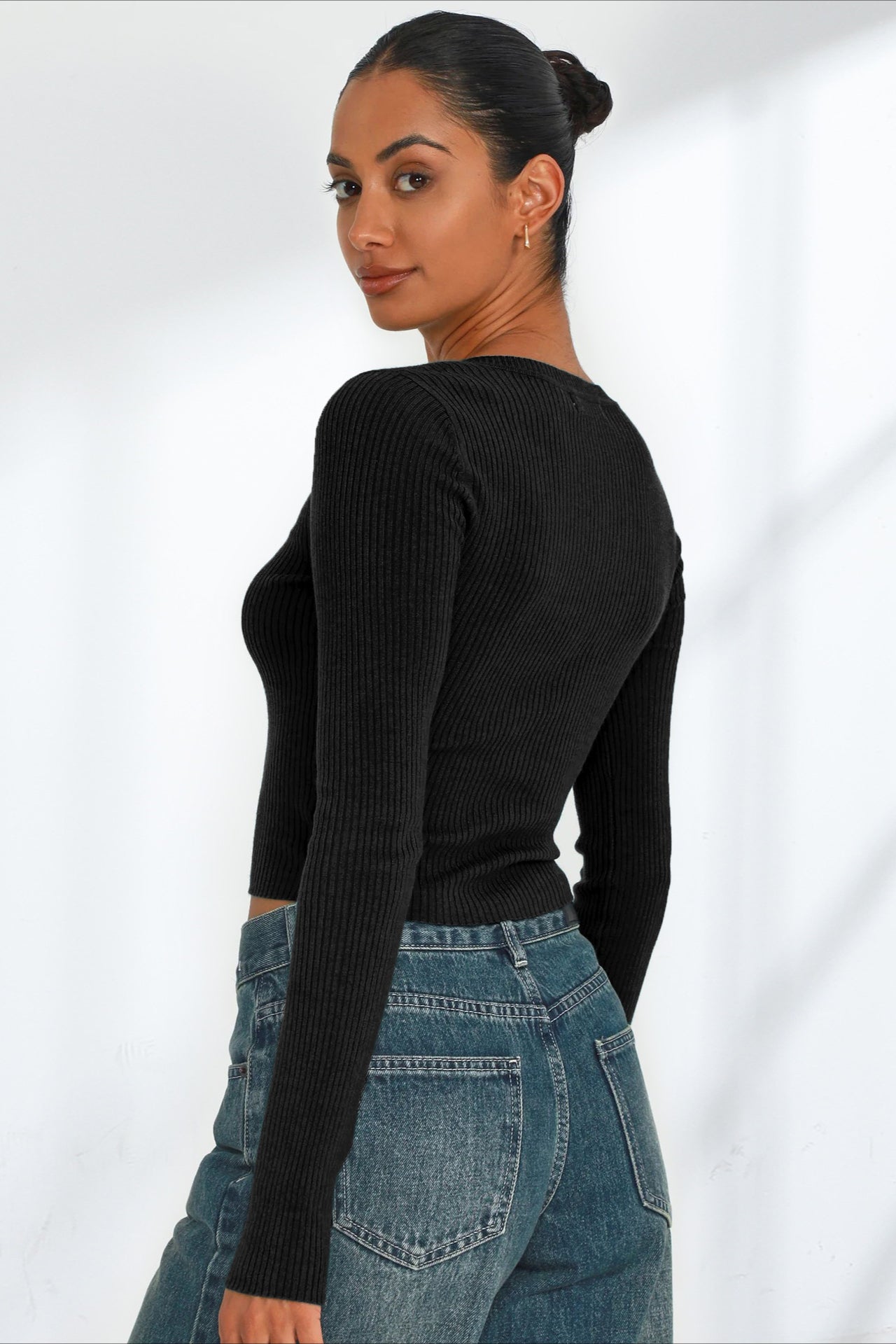 Sexy Cropped Long Sleeve Ribbed V-Neck Shirt