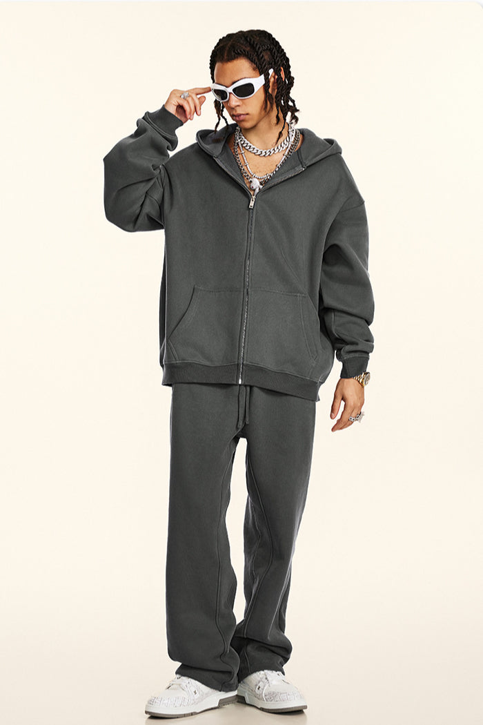 Solid Color Zipper Casual Hooded Sweatshirt and Sweatpants Set