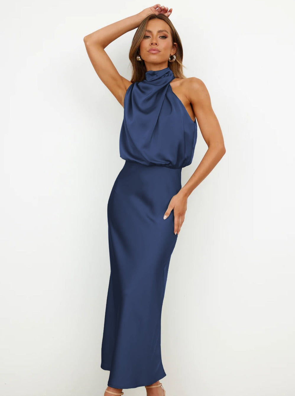 Damen Abendkleider Blau Festliches Maxikleid Elegantes Langes Kleid für Hochzeit Cocktailkleid Midi