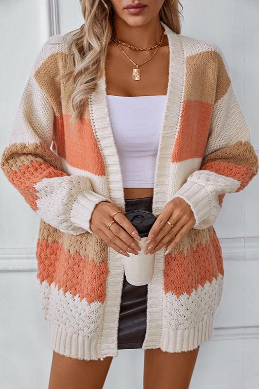 Multi Colored Lantern Sleeve V-Neck Knitted Cardigan