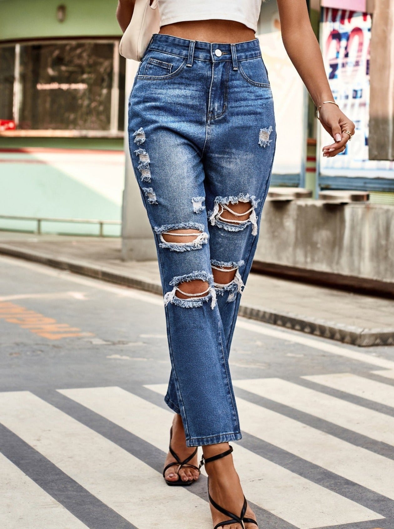 High Waist Distressed Washed Denim Jeans