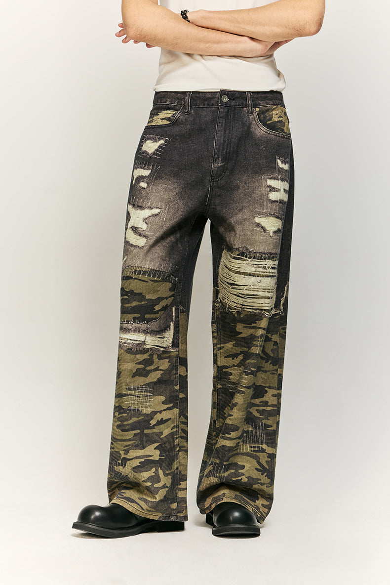 Urban Camo and Distressed Denim Wide-Leg Pants