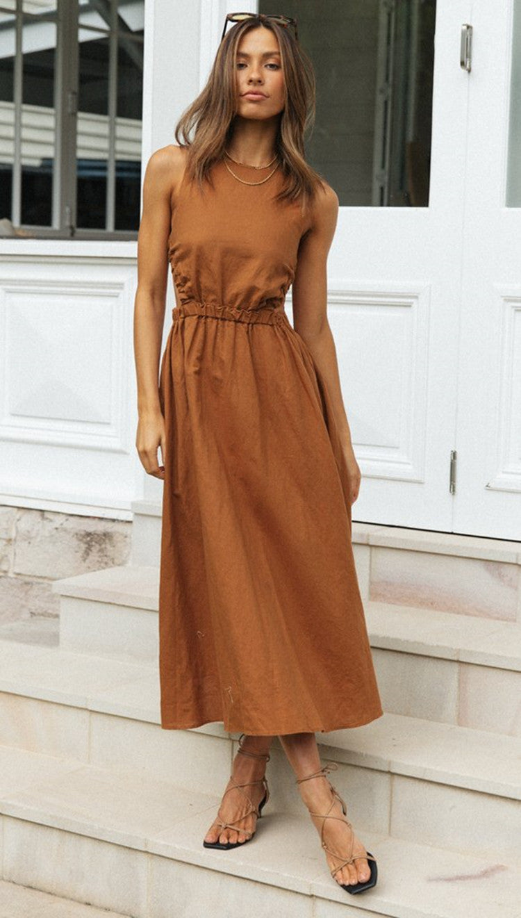 Brown Round Neck Backless Swing Dress