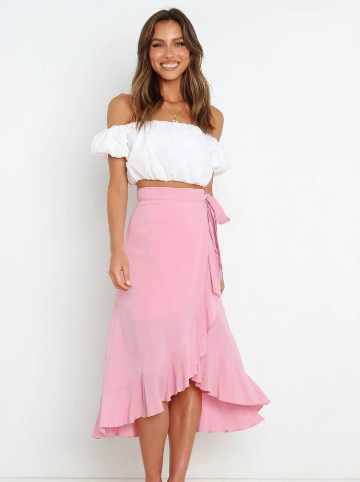 Asymmetrical Tie-Waist Ruffle Soft Pink Long Skirt