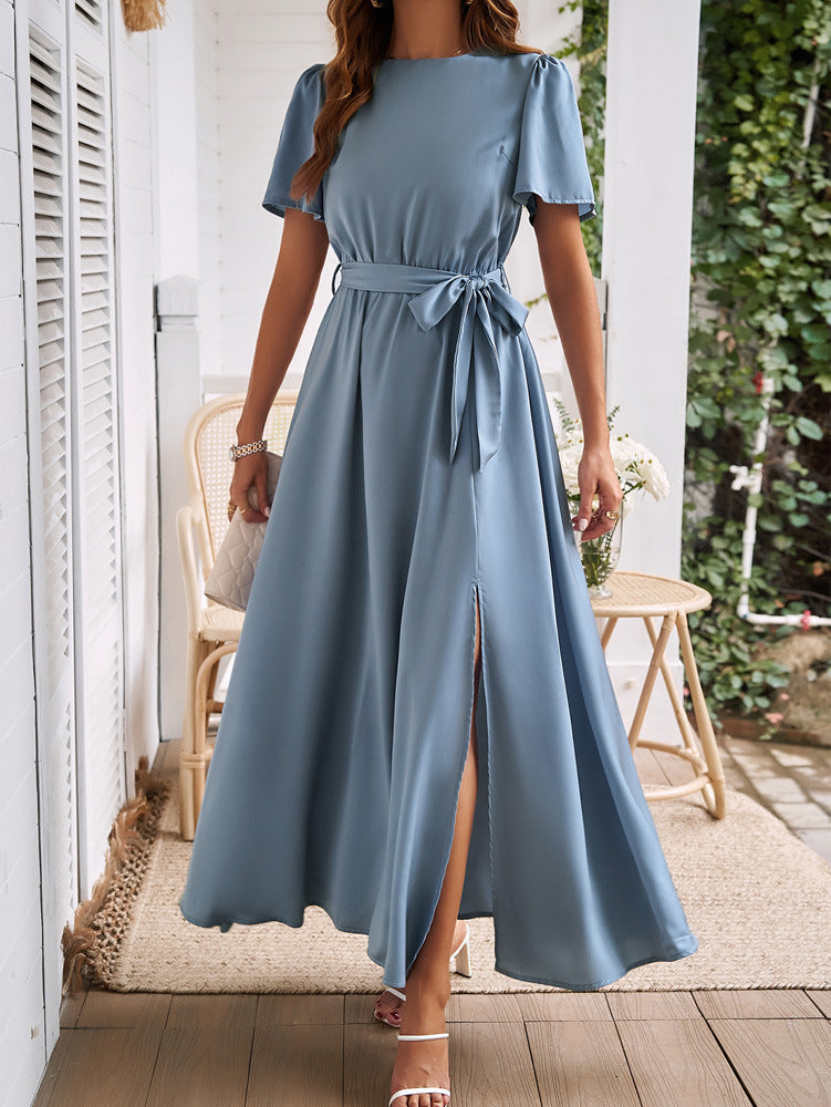 Solid Color Short Sleeve Slit Dress