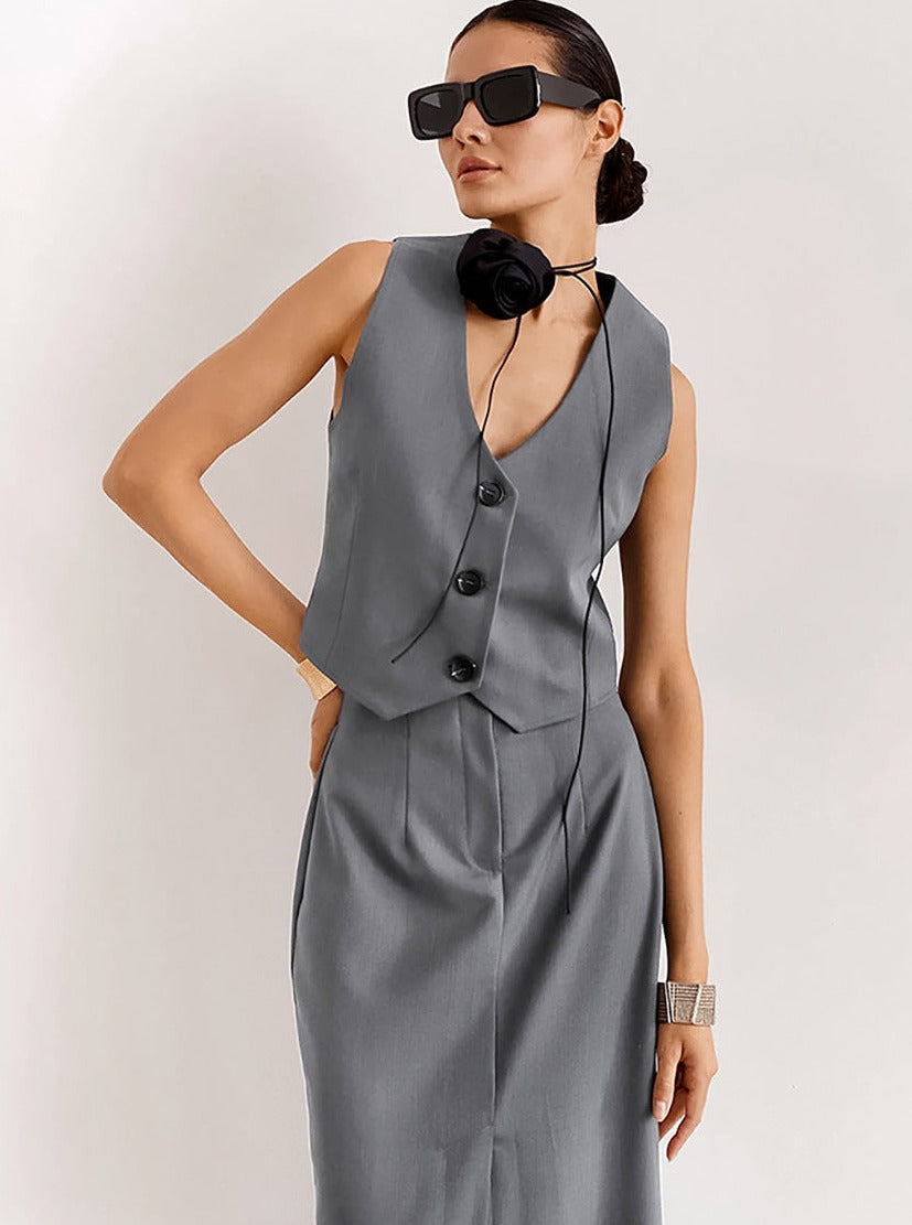 French Style High-Waist V-Neck Sleeveless Casual Two-Piece Suit