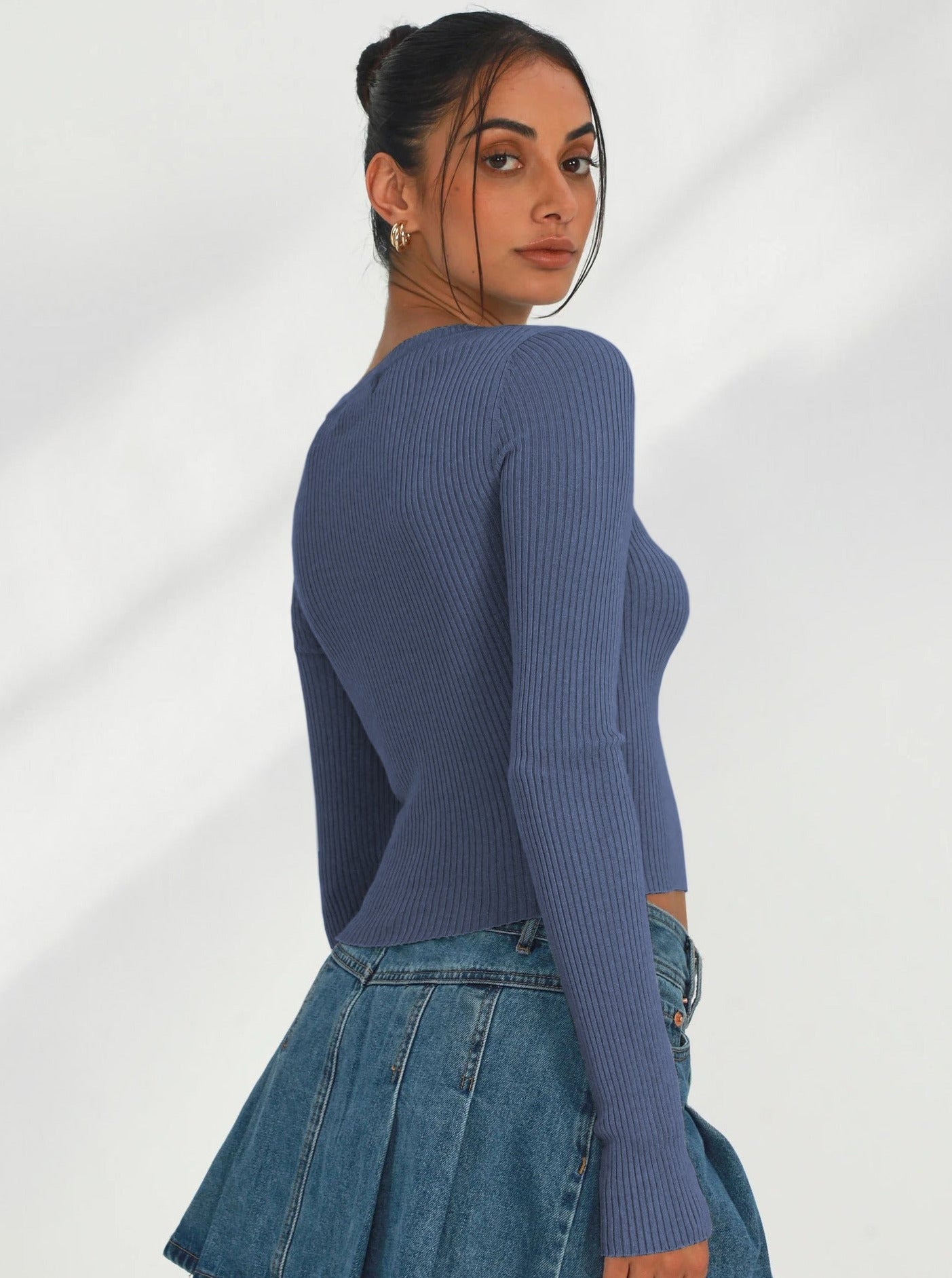 Blue Sexy Long Sleeve Knitted V-Neck Shirt