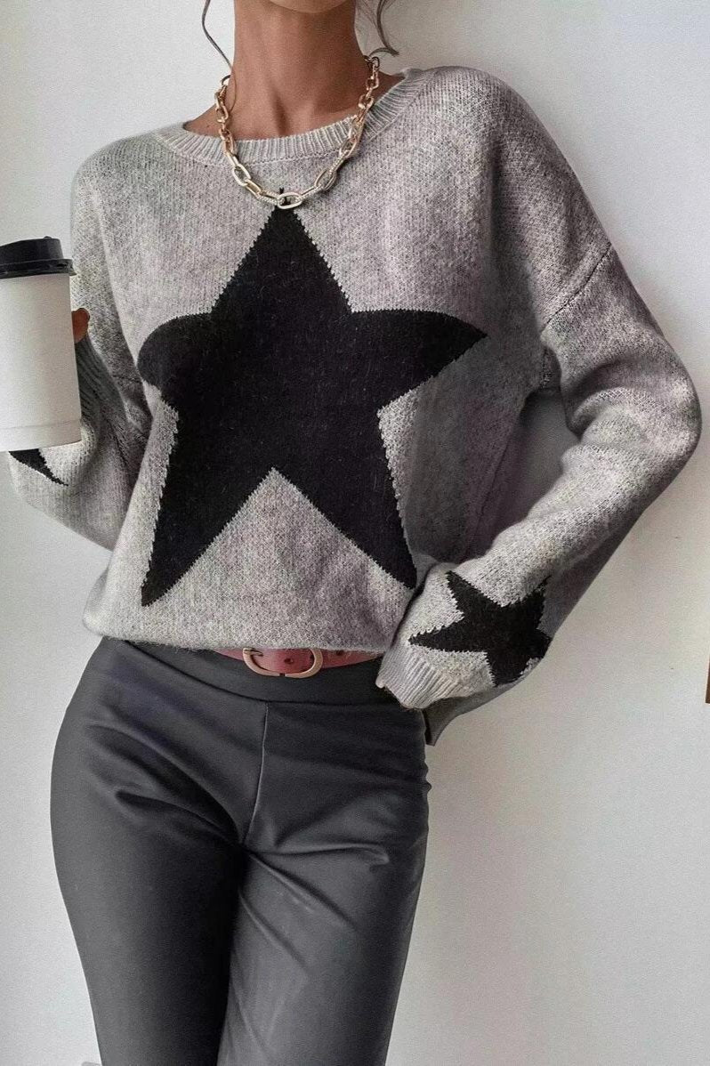 Grey Long Sleeve Star Print Sweater