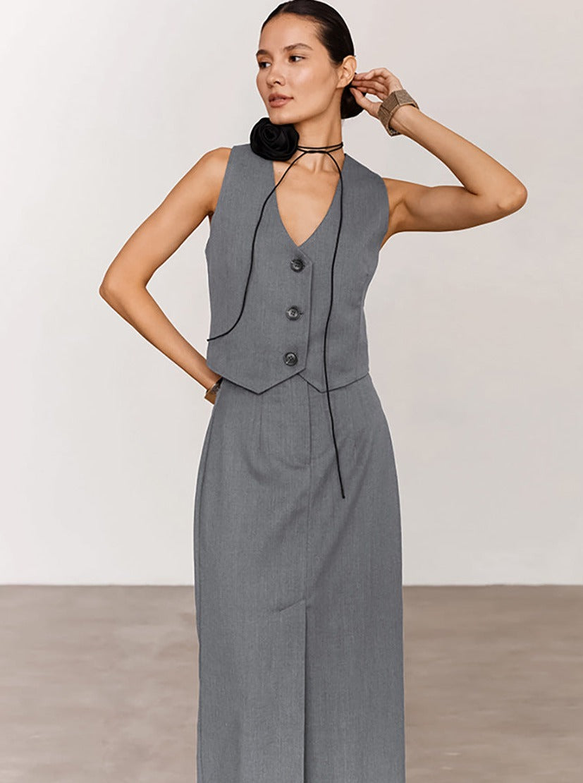 French Style High-Waist V-Neck Sleeveless Casual Two-Piece Suit