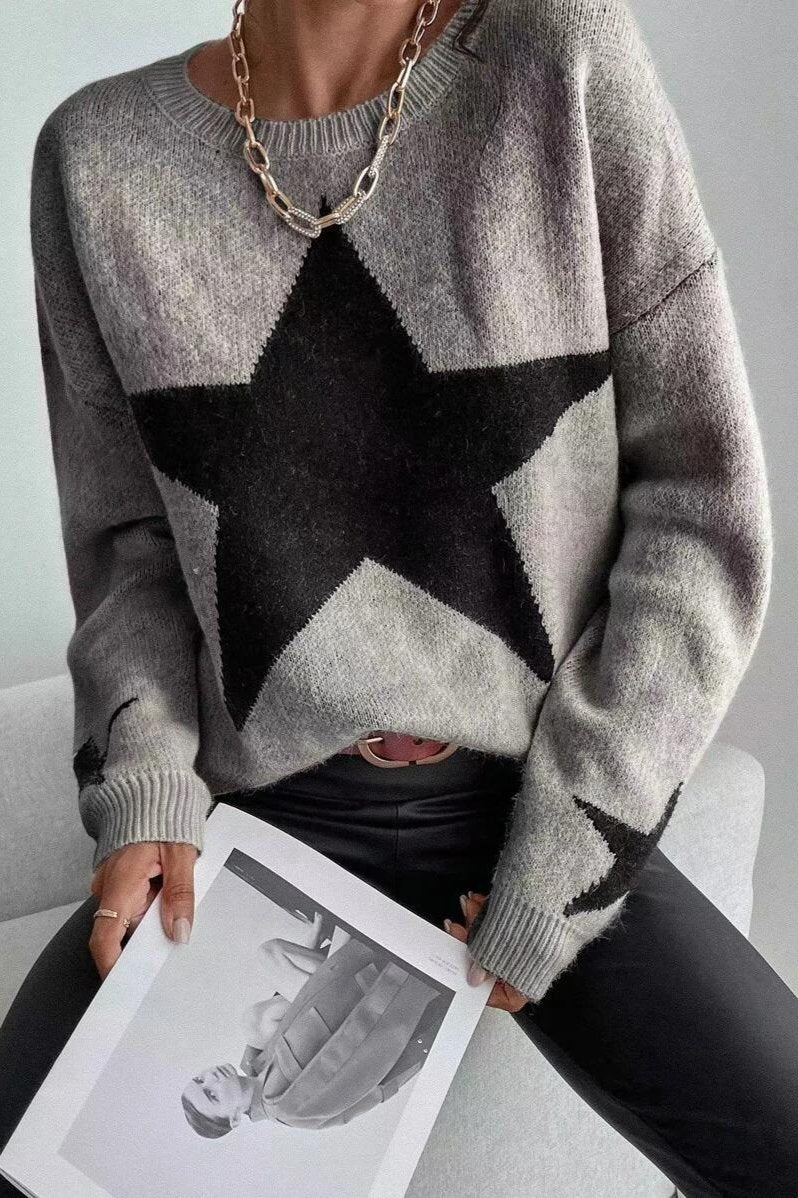 Grey Long Sleeve Star Print Sweater