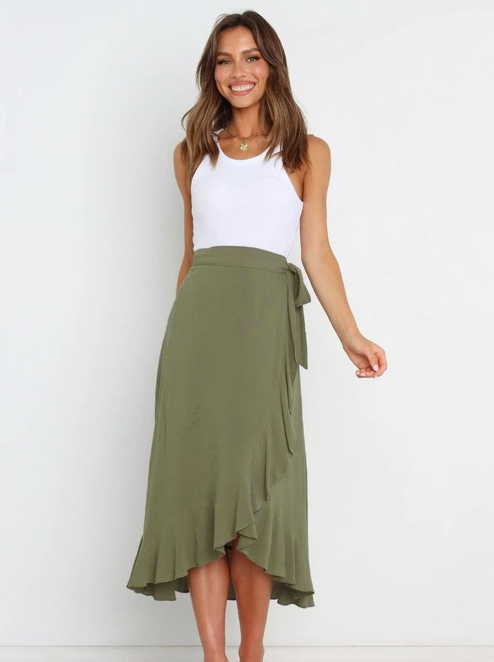 Asymmetrical Tie-Waist Ruffle Olive Green Long Skirt