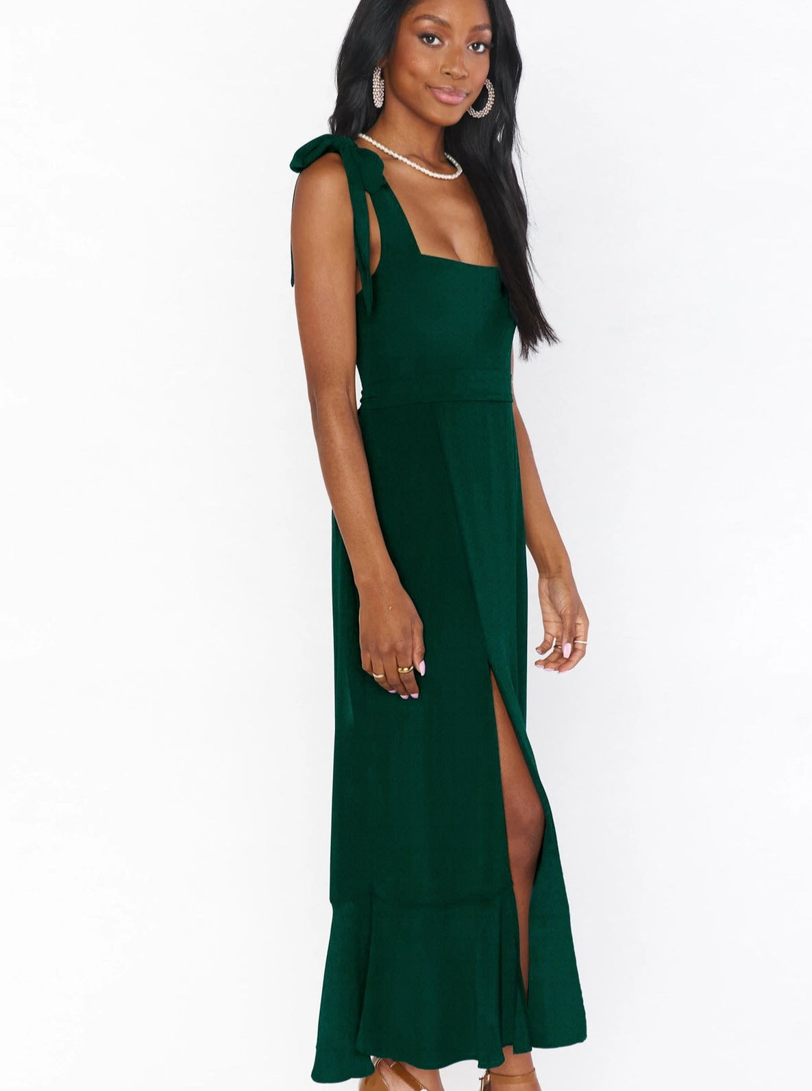 Dark Green High-End Square Neck Sleeveless Slit Dress