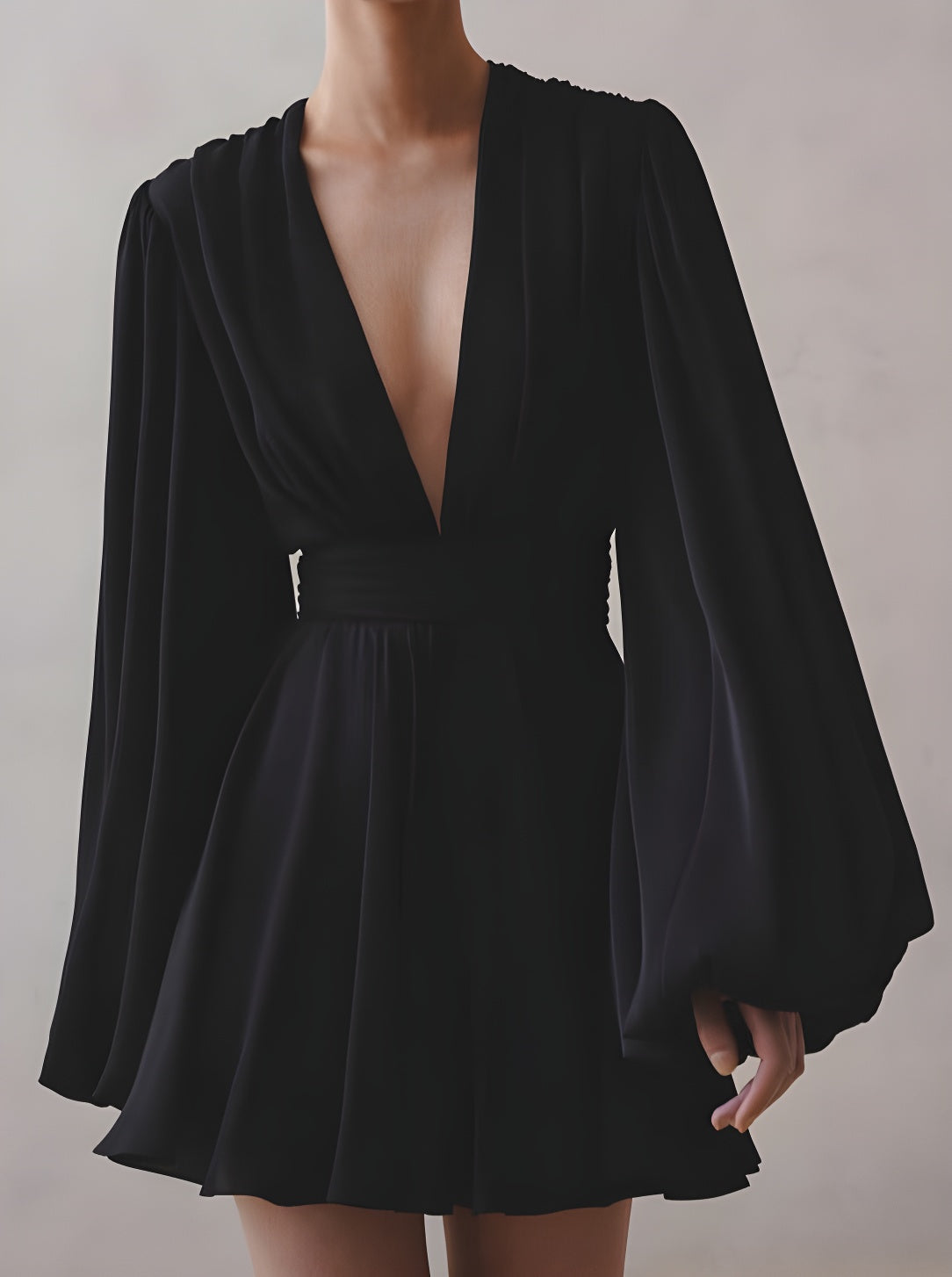 Plunge Pleated Batwing Sexy Mini Dress