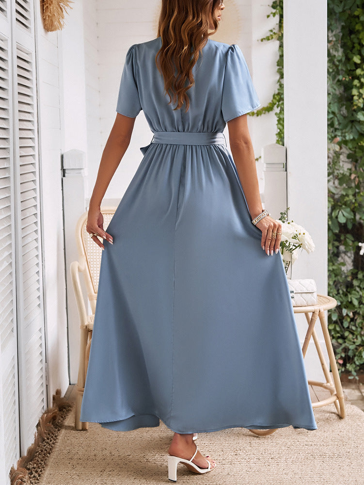 Solid Color Short Sleeve Slit Dress