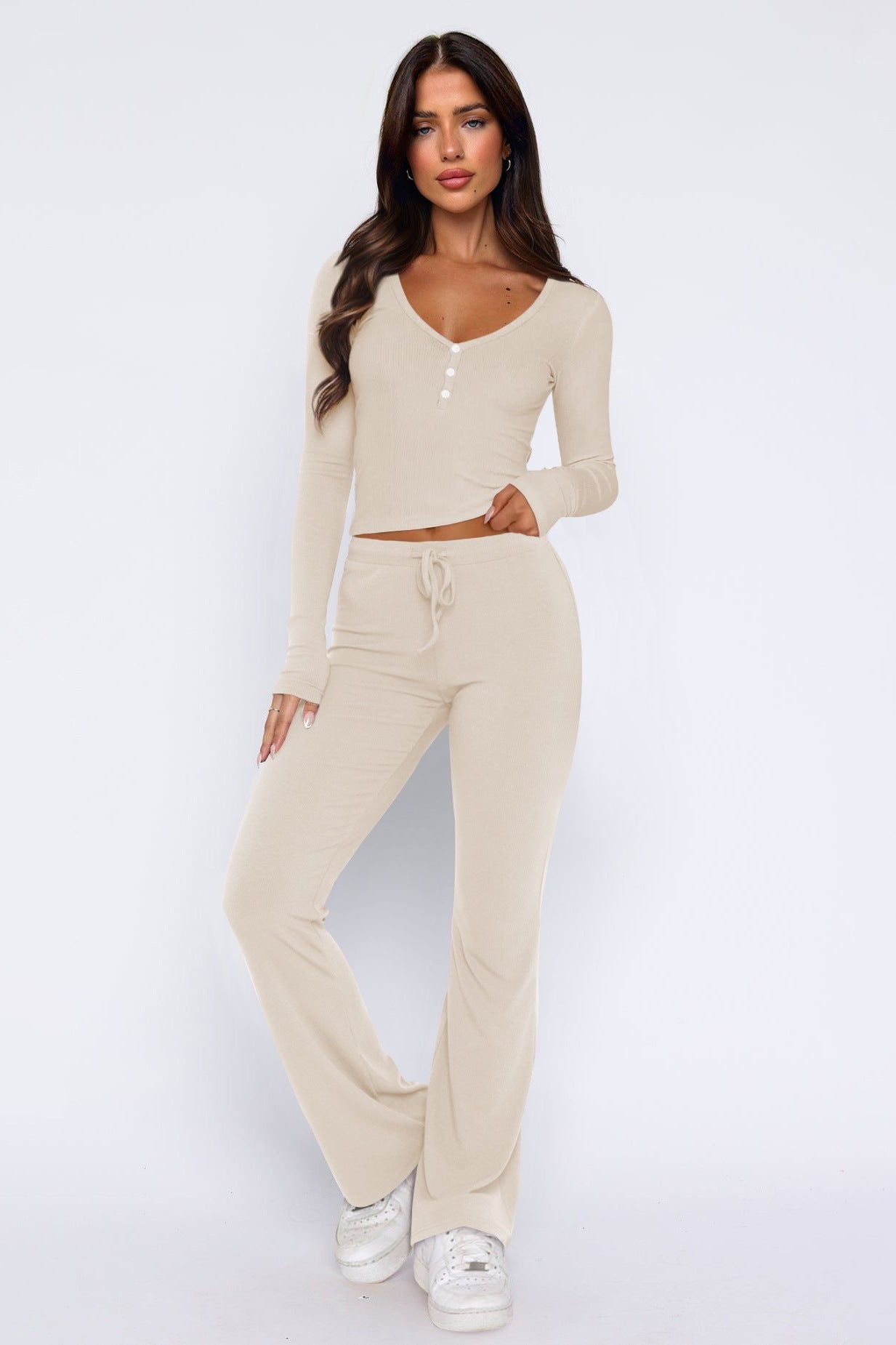 Casual Solid Long Sleeve Top Drawstring Pants Set