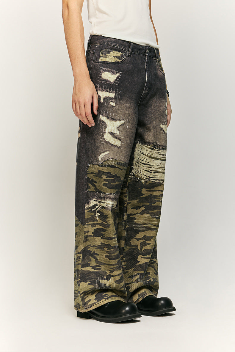 Urban Camo and Distressed Denim Wide-Leg Pants