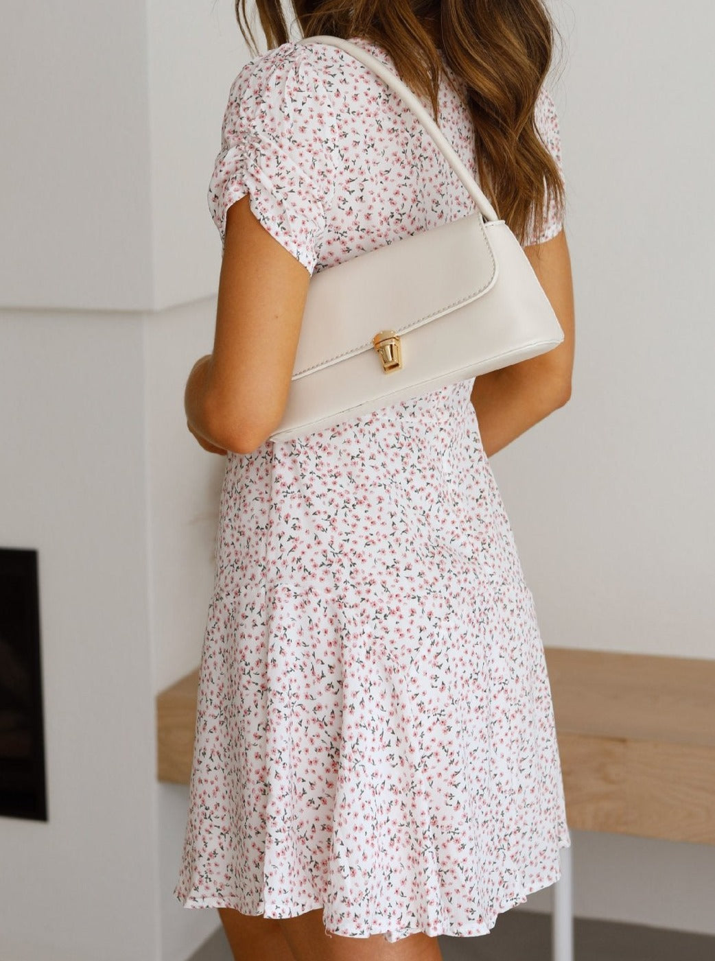 V-Neck Short Sleeved Floral Printed White Dress