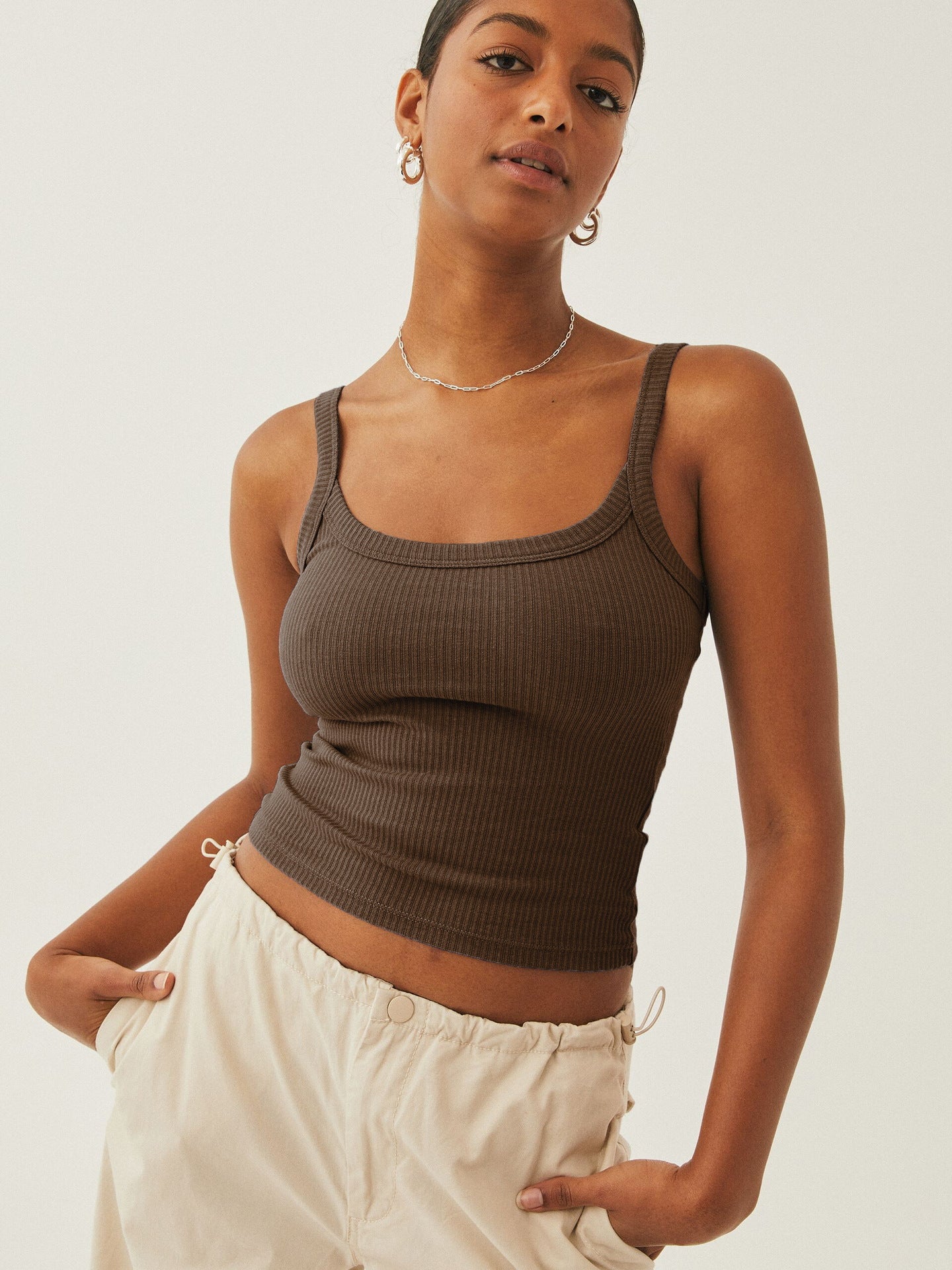 Dark Brown Sexy Knitted Ribbed Sleeveless Crop Top