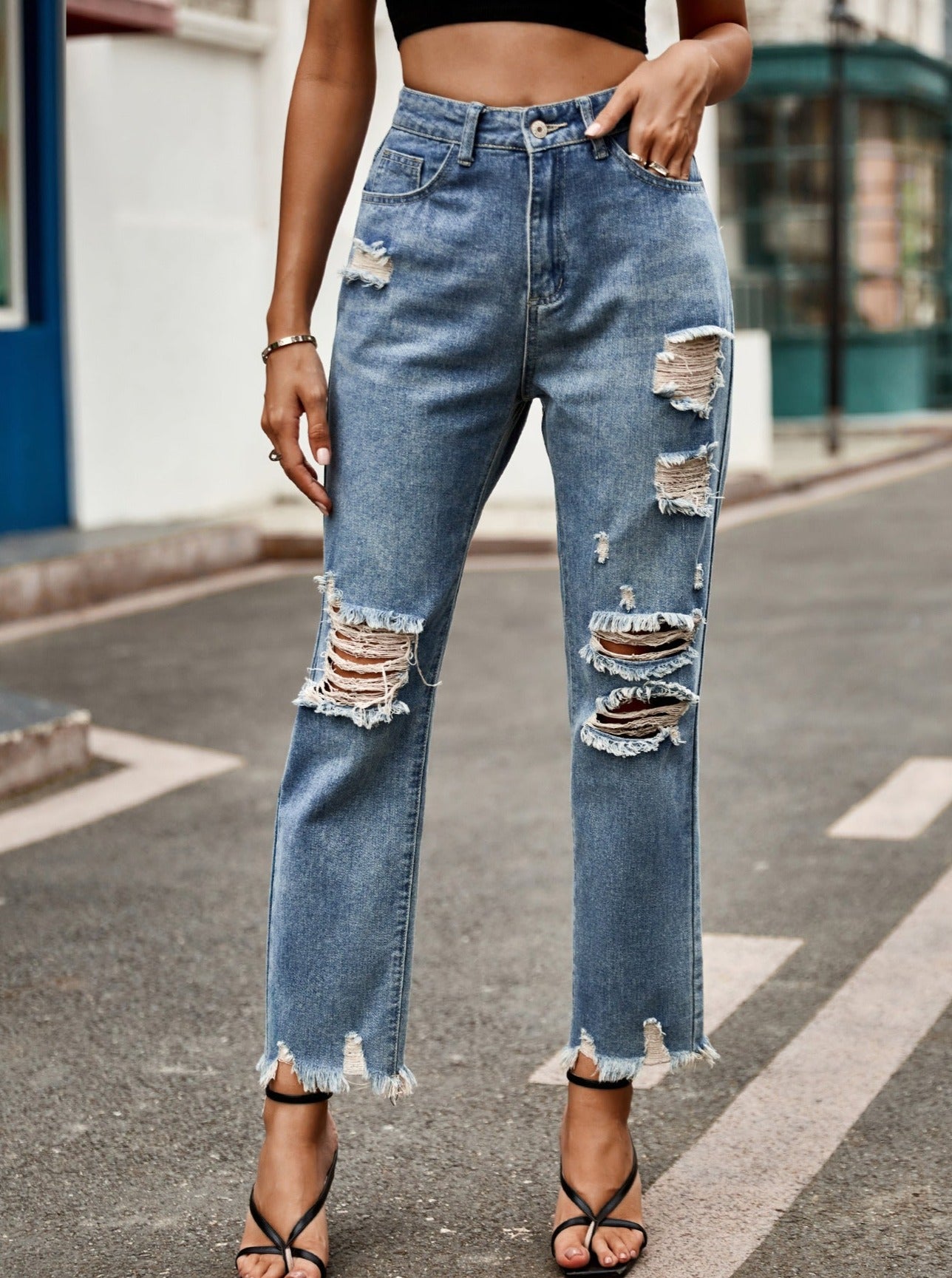 High Waist Buttoned Ripped Flare Denim Jeans