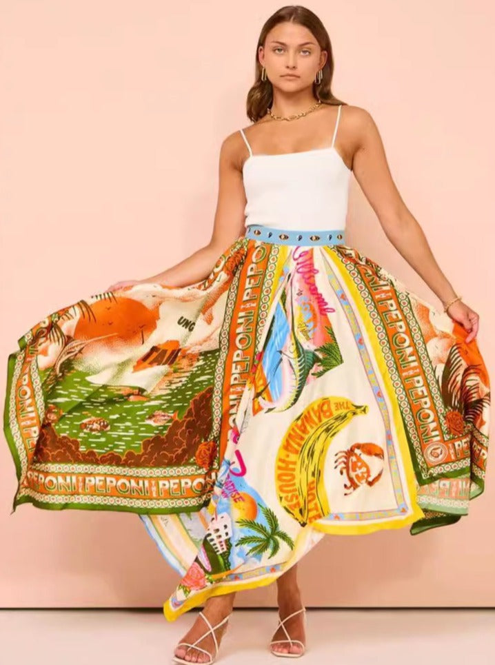 Casual Tropical Retro Printed Skirt