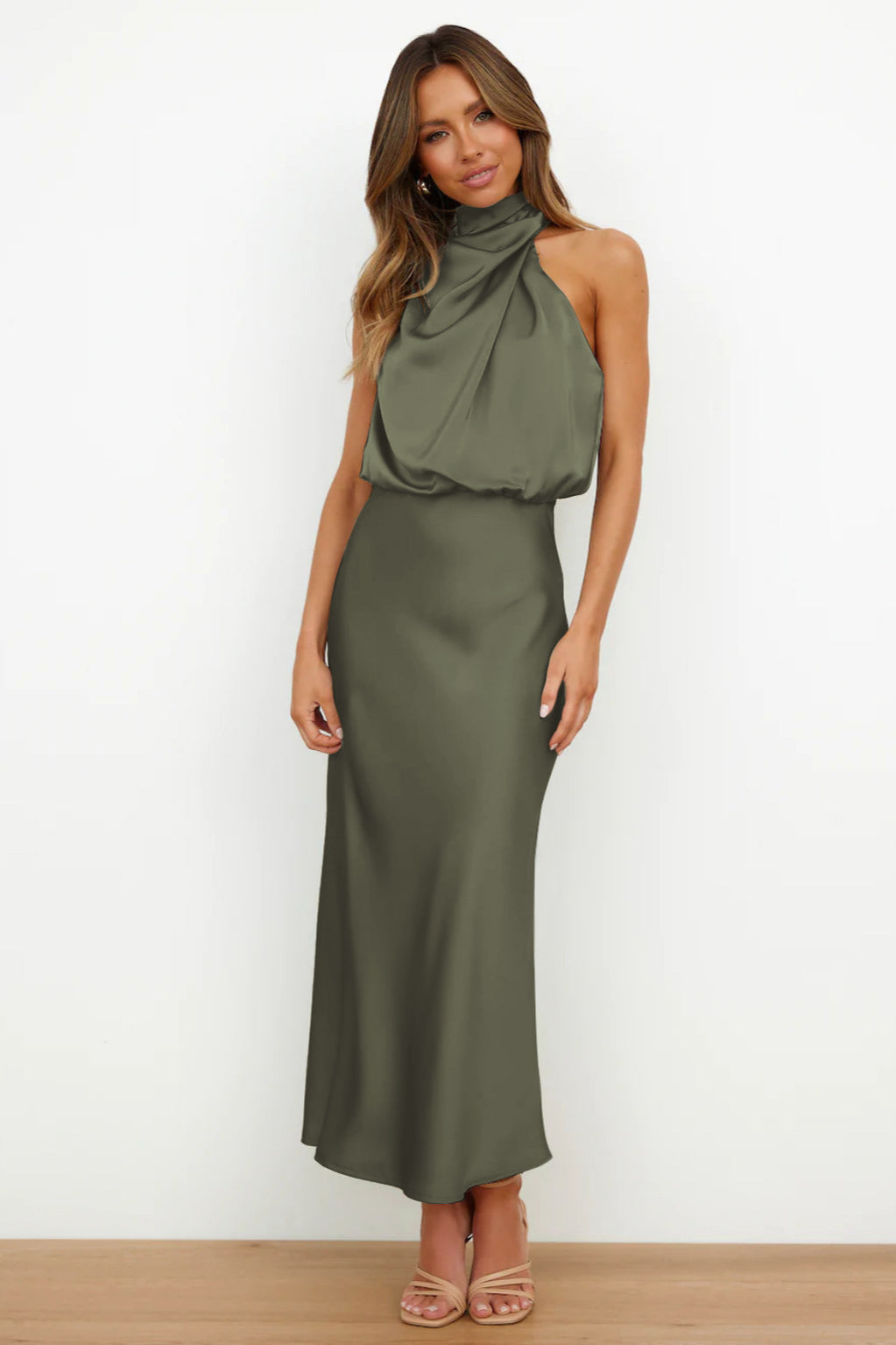 Elegant Green Halter Neck Dress