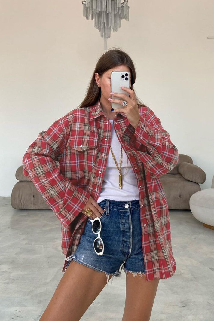 Loose Red Plaid Button Down Jacket