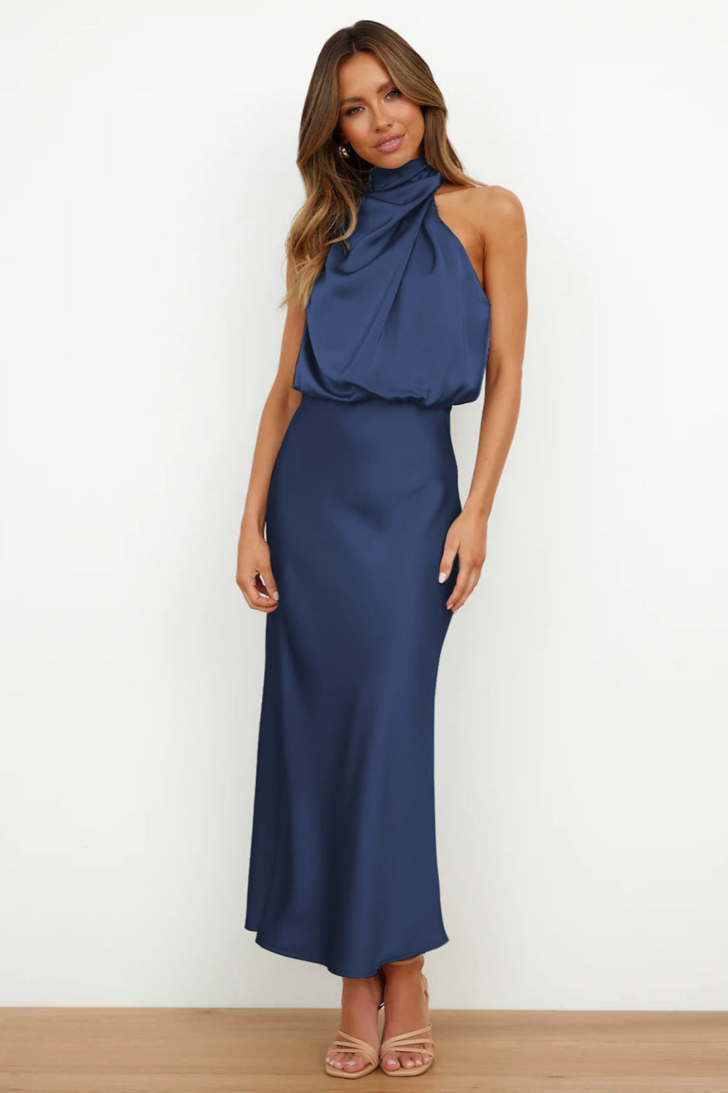 Elegant Deep Blue Halter Neck Dress